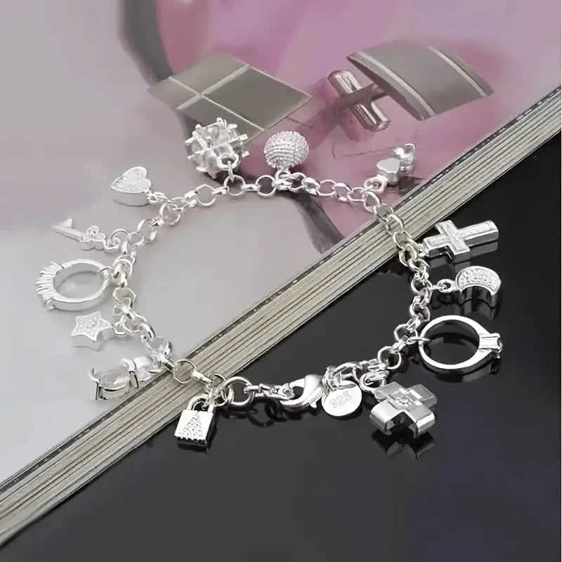 13 Pendant Charm Bracelet - Cubic Zirconia, No Plating, Fashion Jewelry Chain
