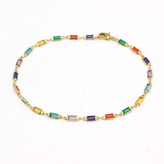 18k Gold Filled High Polish Finish Gold And Multi Color Dark Crystal Baguette Anklet