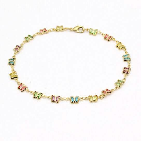 18k Gold Filled High Polish Finish Multi Color Crystal Butterfly Ankle Bracelet