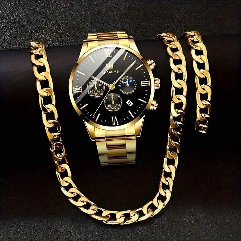 3-Piece: Elegant Men's Quartz Watch Plus Bracelet and Necklace Set