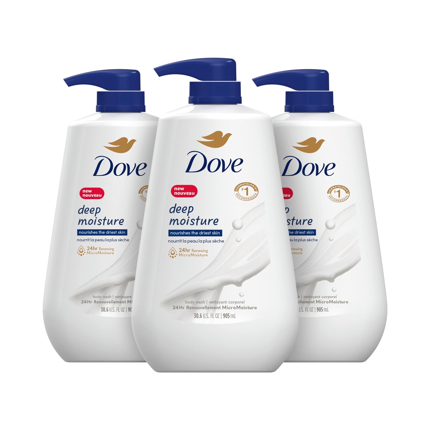 Dove Deep Moisture Body Wash 30.6 Fl Oz Pack of 3 with Pump Luxurious Hydration for Dry Skin Cleanser with 24hr Renewing MicroMoisture