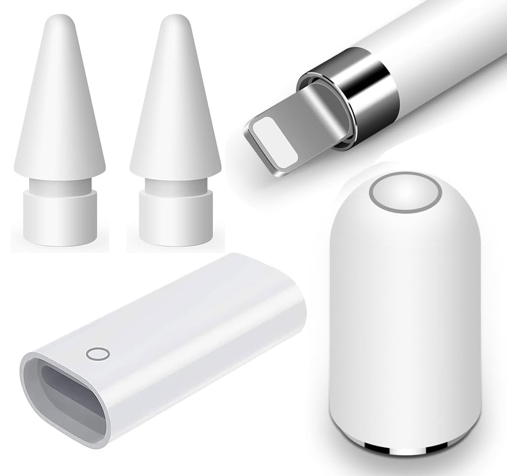 Rpuzonier 4 Pack iPencil Accessories for Apple Pencil 1st Gen 2 Pack Apple Pencil Tips for Apple Pencil 1st/2nd Gen 1 Pack Magnetic Replacement Cap and 1 Pack Charger Adapter for Apple Pen 1st Gen