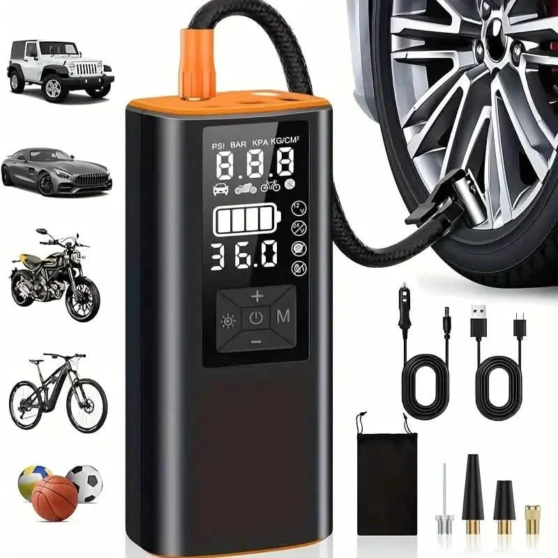 Portable Tire Inflator Air Compressor – 150 PSI Digital Air Pump with Light for Car, Bike & Motorcycle