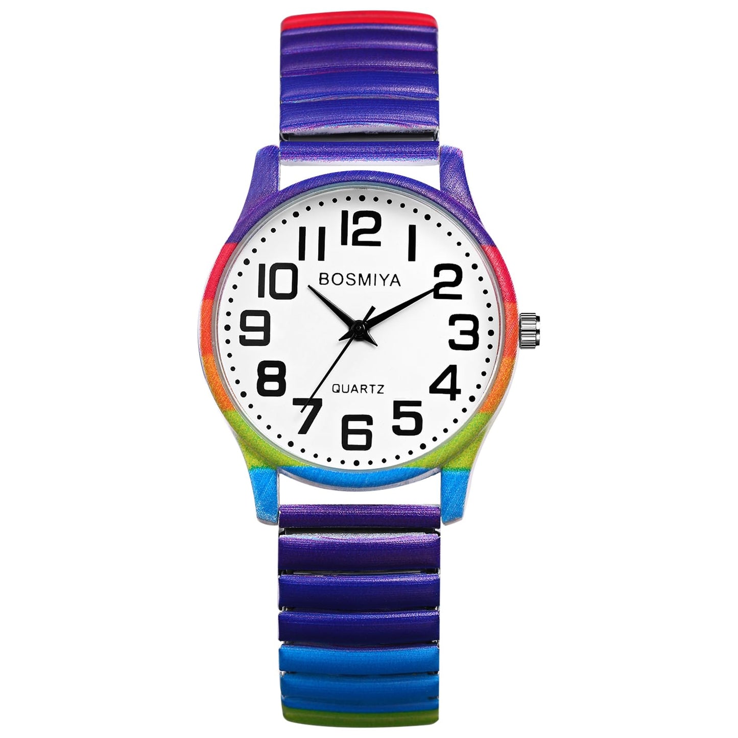 Lancardo Women Stretch Band Watch: Rainbow Color Elastic Analog Quartz Big Number White Dial Wristwatch Easy to Read Birthday Christmas
