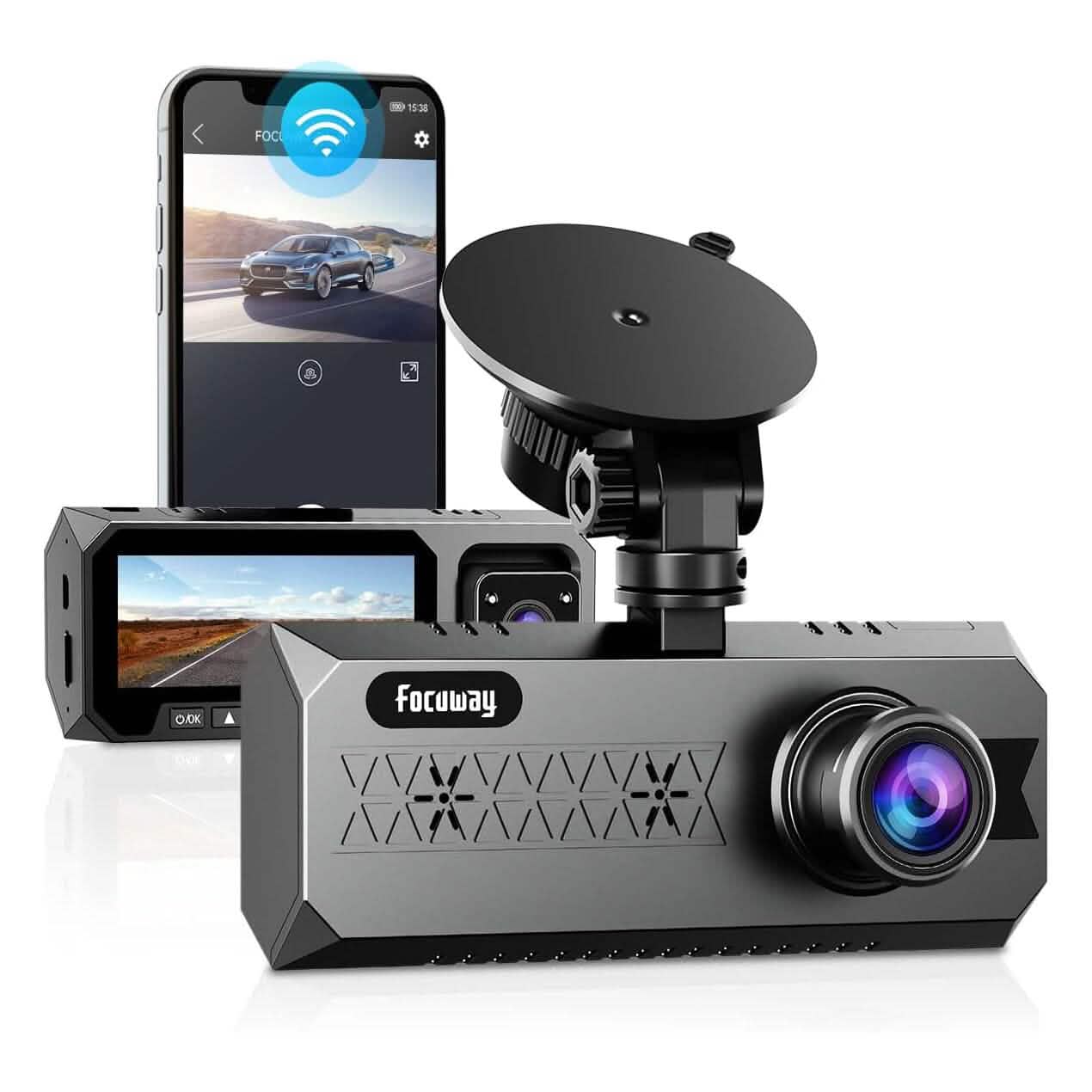 Dual Dash Cam WiFi with App FOCUWAY 1080P Front and Inside Dash (Refurbished)