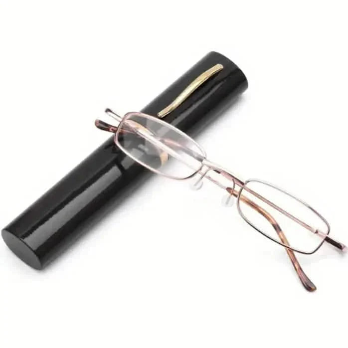 Portable Presbyopia Reading Glasses with Pen Tube Case - Unisex, Metal Frame, Spring Hinge, +1.00~+4.00, Plastic Lens