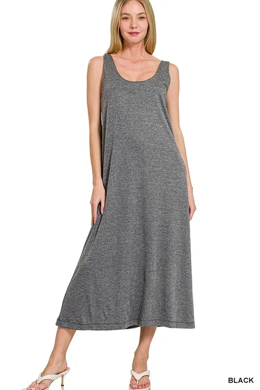 French Terry Twisted Strap Midi Dress in BLACK