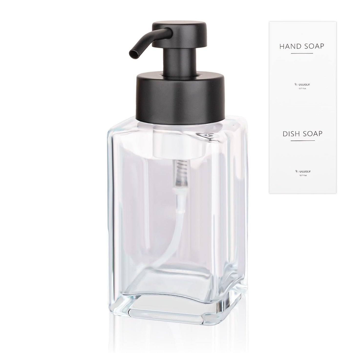 Foaming Soap Dispenser with Stainless Steel Pump 12oz Refillable Glass Liquid Dish Soap Bottles for Bathroom Kitchen Sink Home Decor