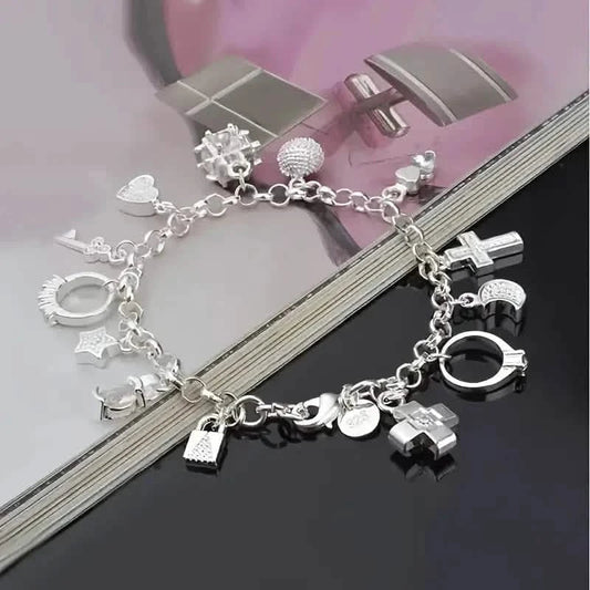 13 Pendant Charm Bracelet - Cubic Zirconia, No Plating, Fashion Jewelry Chain
