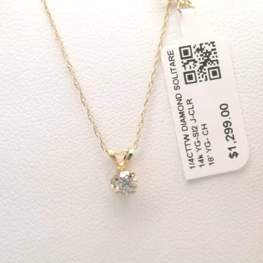 1/4CTTW $4000 Genuine Diamond Solitaire Pendant Necklace 14K Yellow Gold Solid 18"