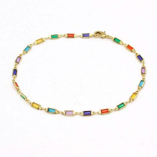 18k Gold Filled High Polish Finish Gold And Multi Color Dark Crystal Baguette Anklet