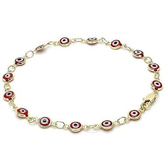 18k Women's Gold Filled High Polish Finsh Red Evil Eye Clasp Bracelet 7.5 Inch