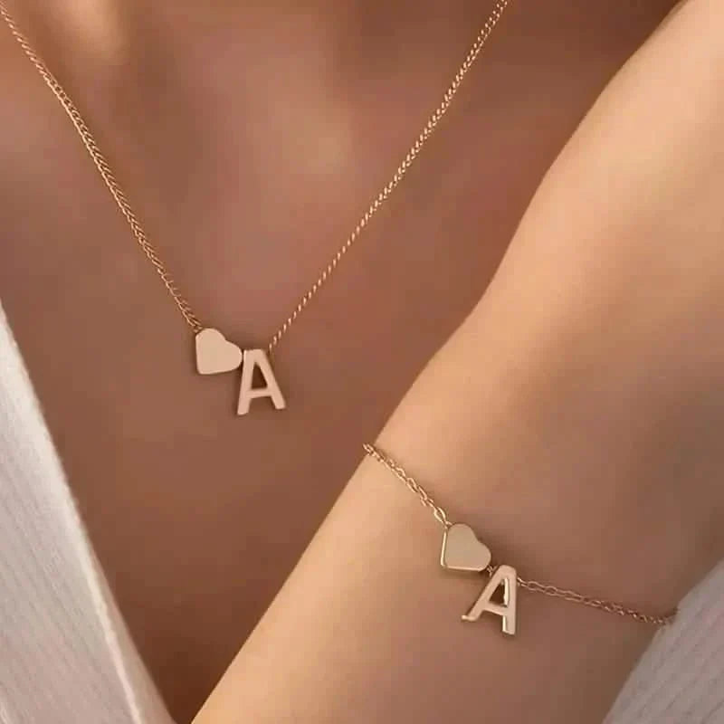 2-Piece Set: Metal Heart And English Letter Necklace And Bracelet