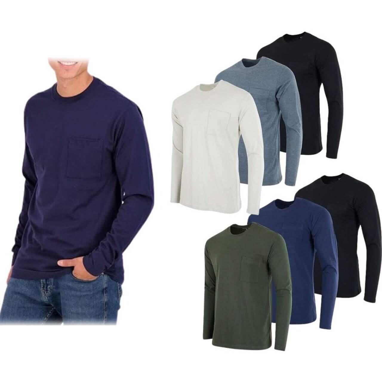 3-Pack: Men's Cotton Long Sleeve T-Shirt with Chest Pocket
