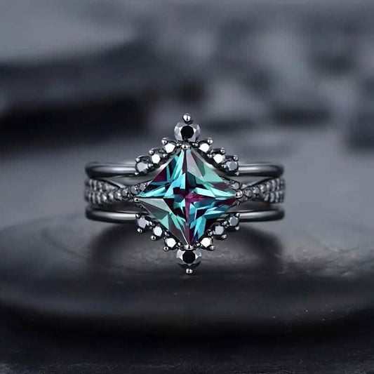 3-Piece Set: Black Square Faux Blue Zirconia Retro Luxury Ring