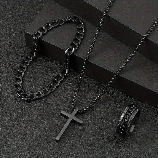 3-Piece Set: Fashion Versatile Dark Cross Stainless Steel Jewelry