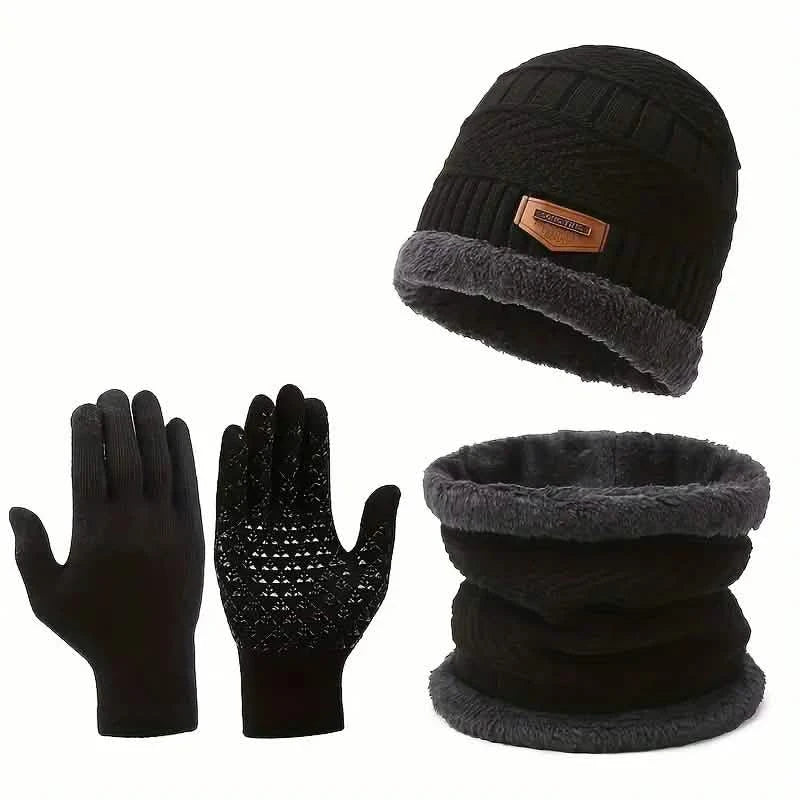 3-Piece Set: Infinity Scarf Autumn Winter, Thickened Warm Knit Beanie and Touchscreen Gloves Neck Gaiter