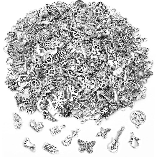 50-Pieces: Silver Charms for Jewelry Making Wholesale Bulk Tibetan Silver Charm Pendants for DIY Necklace Bracelet Earring Craft Supplies
