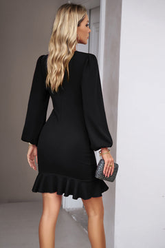 Devine Ruched Ruffled Balloon Sleeve Mini Dress – Elegant Style for Women