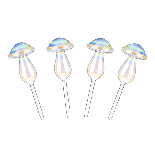 4-Pieces: Clear Glass Plant Watering Globes Iridescent Rainbow Gradient Mushroom