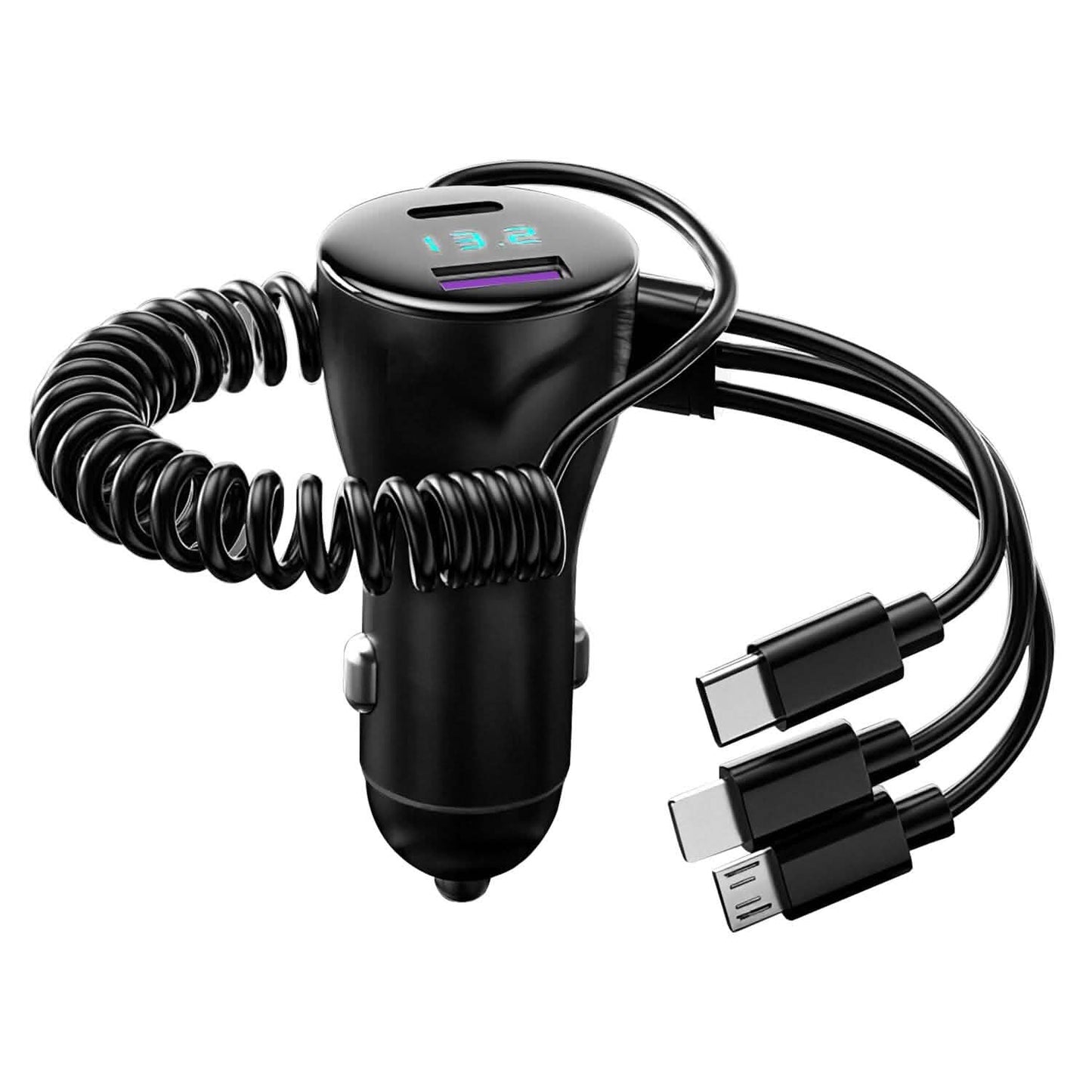 5-in-1 Fast Charge Car Charger QC PD USB Type C LT 5 Port with 4ft Coiled Cable
