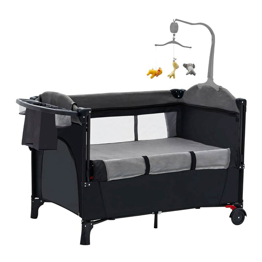 6-in-1 Foldable Baby Crib with Activity Center Diaper Changing Table
