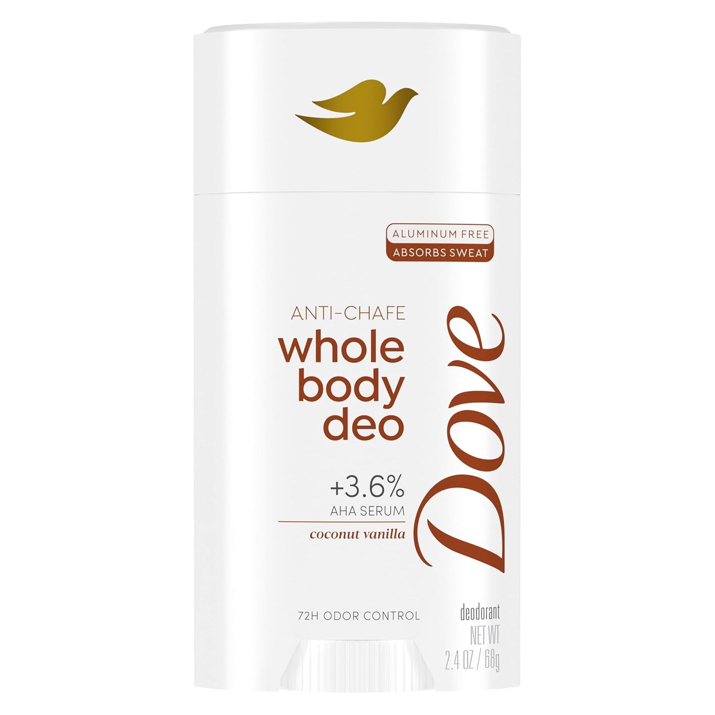 Dove Whole Body Deo Aluminum Free Anti-Chafe Deodorant Stick for Women Coconut Vanilla 2.4 oz