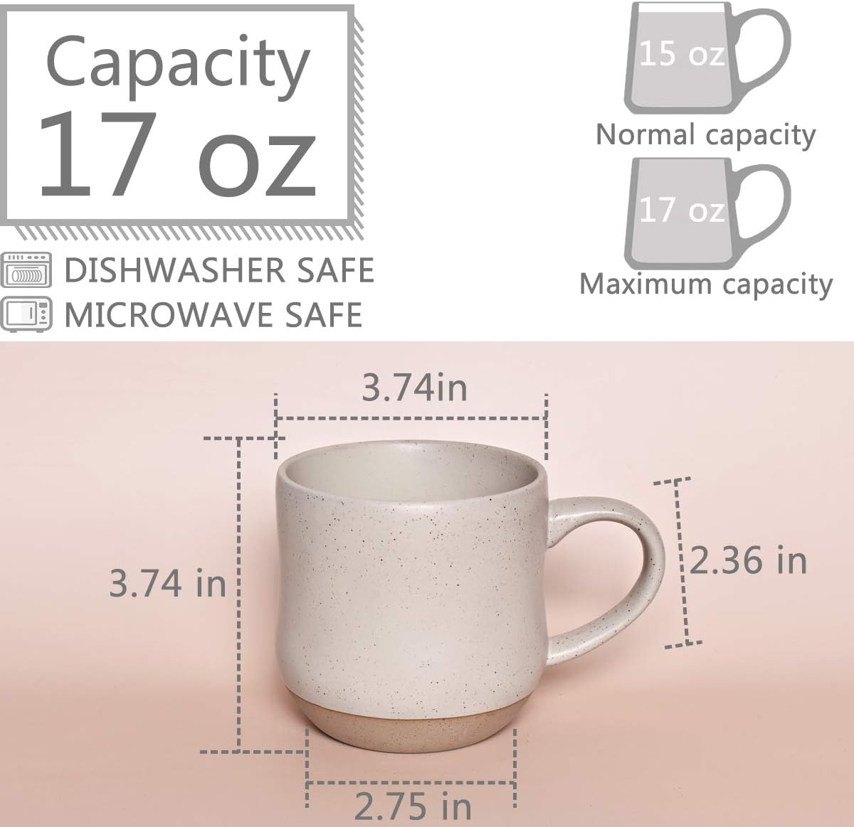 Bosmarlin Large Stoneware Speckled Coffee Mugs Set of 2, Big Tea Cup, 17 Oz, Dishwasher and Microwave Safe