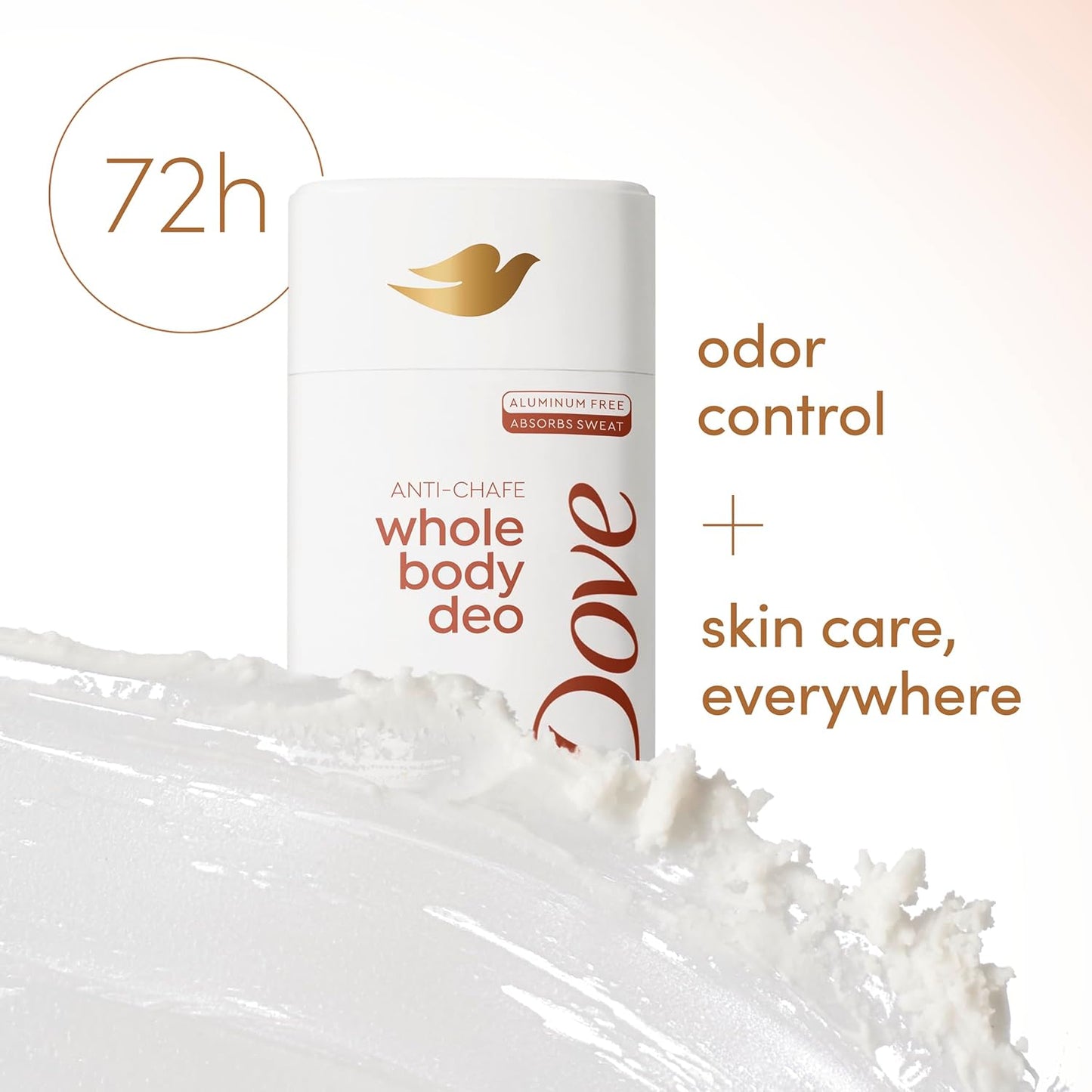 Dove Whole Body Deo Aluminum Free Anti-Chafe Deodorant Stick for Women Coconut Vanilla 2.4 oz