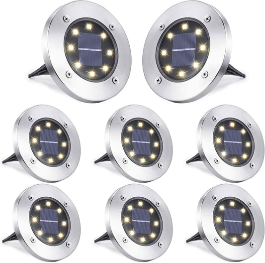 8-Pack: 8 LED Solar Disk Lights Waterproof Garden In-ground Pathway Lights