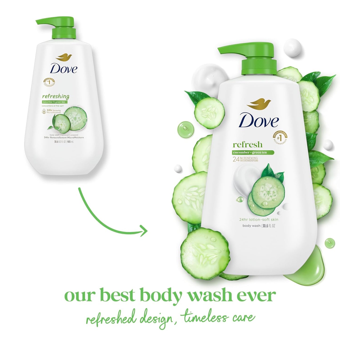 Dove Body Wash with Pump Refresh Cucumber and Green Tea for 24hr Lotion-Soft Skin Moisturizing Skin Cleanser with No Sulfates No Parabens 30.6 oz