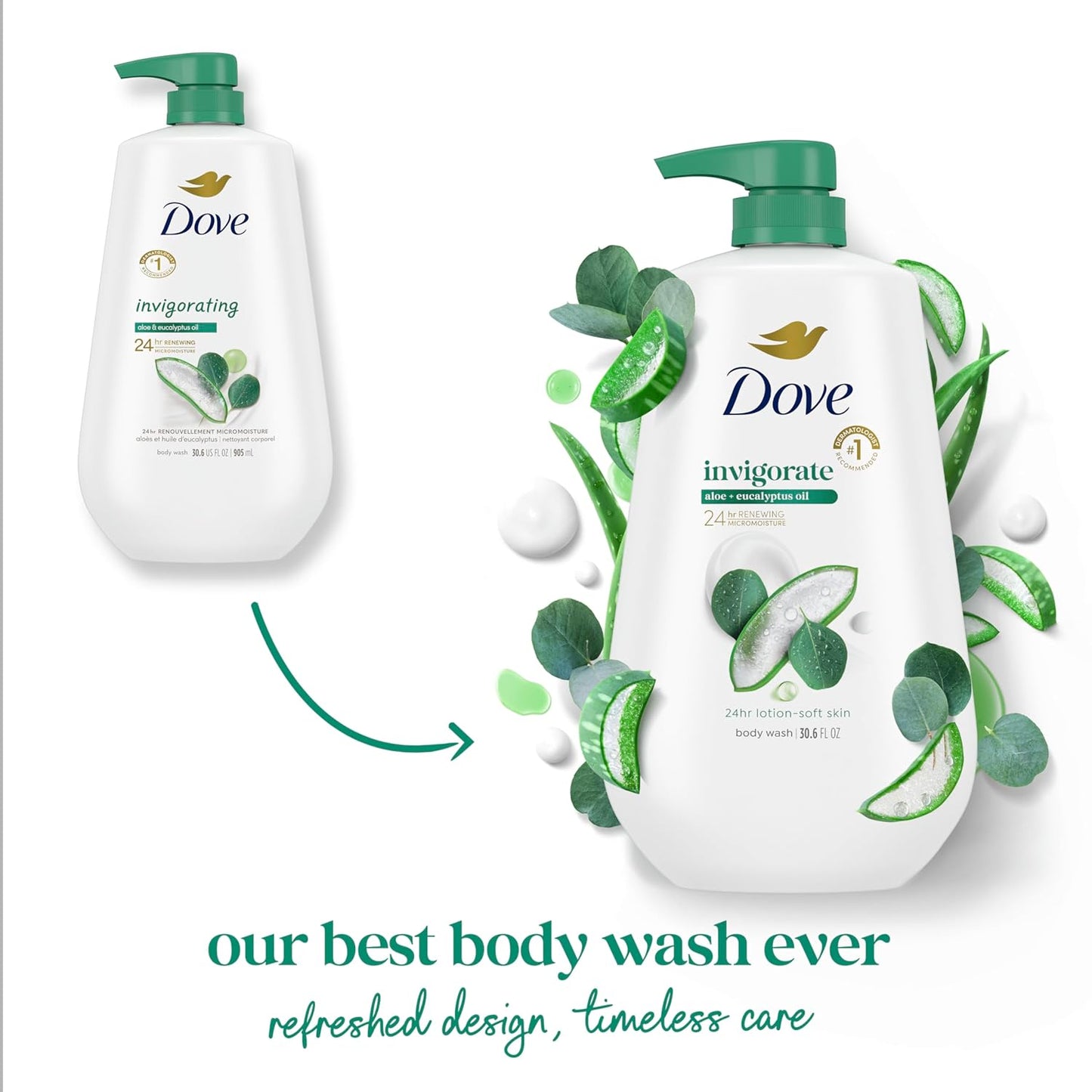 Dove Body Wash with Pump Invigorate Aloe & Eucalyptus For 24hr Lotion-Soft Skin Moisturizing Skin Cleanser with No Sulfates No Parabens 30.6 Oz