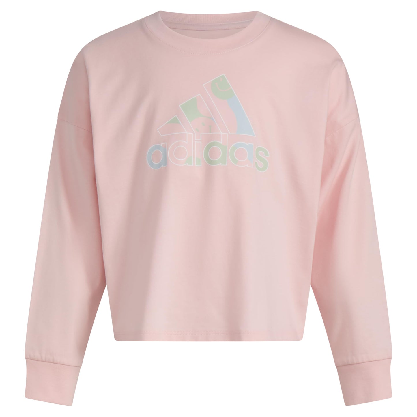 adidas Girls Little Long Sleeve Waist Crew Tee T-Shirt Pink with Multicolor