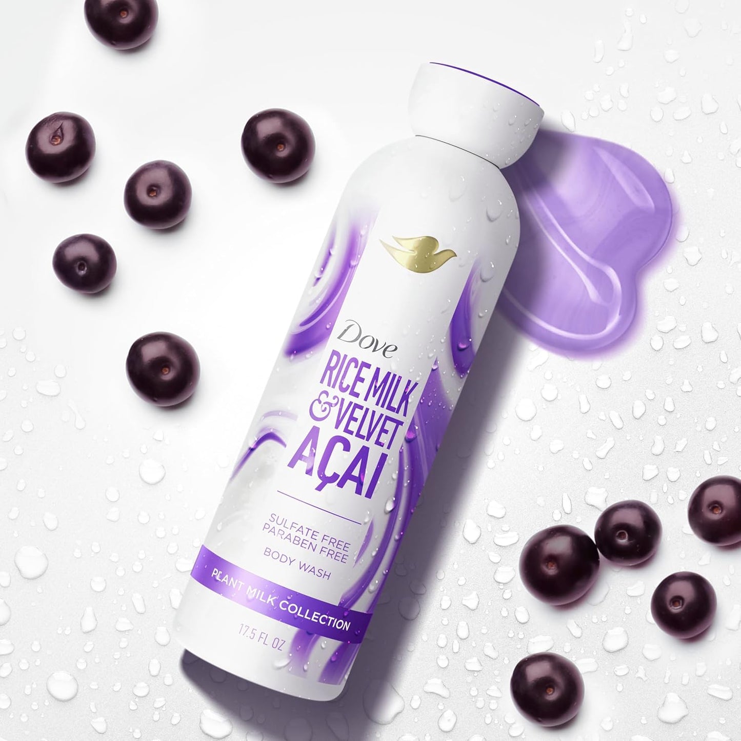 Dove Plant Milk Cleansing Body Wash Acai & Rice Milk For Women For Moisturized Skin 17.5 fl oz