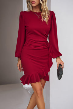 Devine Ruched Ruffled Balloon Sleeve Mini Dress – Elegant Style for Women