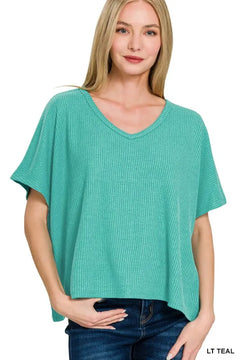 Ribbed V-Neck Short-Sleeve Knit Top in Lt Teal