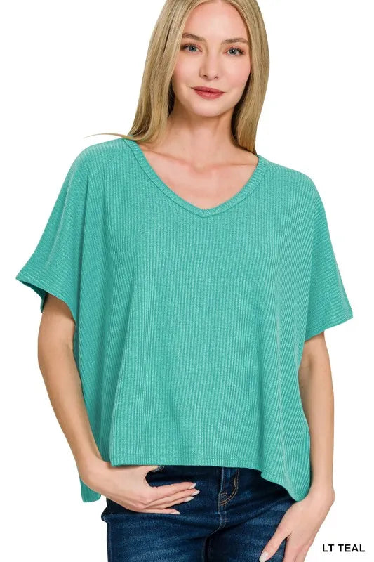 Ribbed V-Neck Short-Sleeve Knit Top in Lt Teal