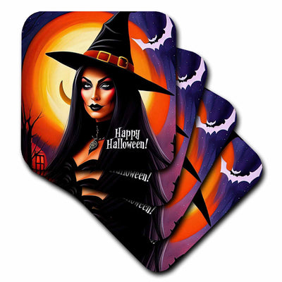 3dRose Classy Witch Woman. Large Moon. Happy Halloween Greeting Card for All - Coasters (cst-378860)