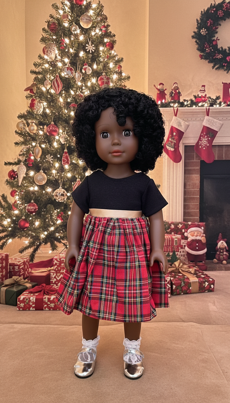 A Dark Brown Skin Tone Doll in a Black & Red Holiday Dress