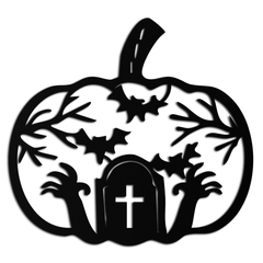 Halloween Cemetery Pumpkin Metal Wall Art – Spooky Black Steel Halloween Decor- KAF504