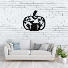 Halloween Cemetery Pumpkin Metal Wall Art – Spooky Black Steel Halloween Decor- KAF504