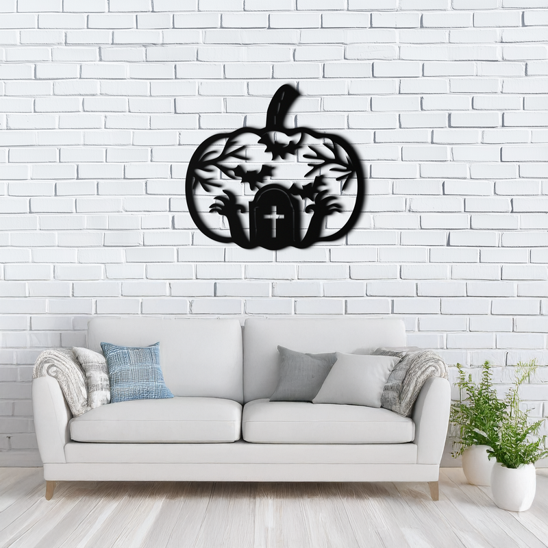 Halloween Cemetery Pumpkin Metal Wall Art – Spooky Black Steel Halloween Decor- KAF504