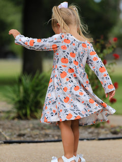 Halloween Pumpkin Ghost Girls Dress Long Sleeve Twirl Dress