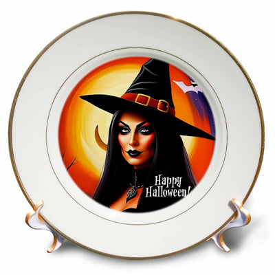 3dRose Classy witch woman. Large moon. Happy Halloween greeting card for all - Plates (cp-378860)