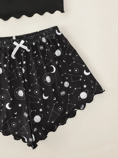 Summer Sleepwear for Women Pajamas Set Star Moon Printed Sleeveless Sling Crop Tops and Shorts Set Homewear Loungewear Pijama