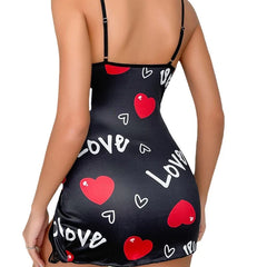 Lace Edge V-Neck Sling Side Split Sleepwear Women's Printed Love Letter Black Home Sling Dress Pajamas