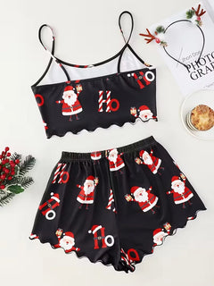 Women Sleepwear Christmas Santa Print Crew Neck Sleeveless with Spaghetti Strap Top and Shorts Pajama Set Loungewear