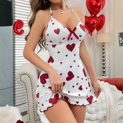 Backless Deep V Neck Nightgown Women White Heart Print Chemise Ribbed Mini Sleepwear Bow Detail Soft Lingerie Dress