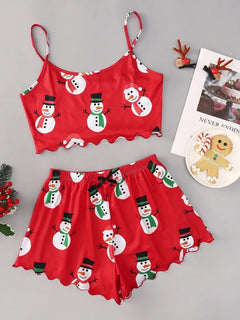 Christmas Santa Claus Element Print Pajama Set for Women's Sleepwear 2 Pieces Crop Tops and Shorts Homewear Loungewear