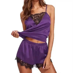Women Satin Pajama Set Lace Trim Cami Top and Shorts, Black V Neck Spaghetti Strap Sleepwear, Soft Home Loungewear